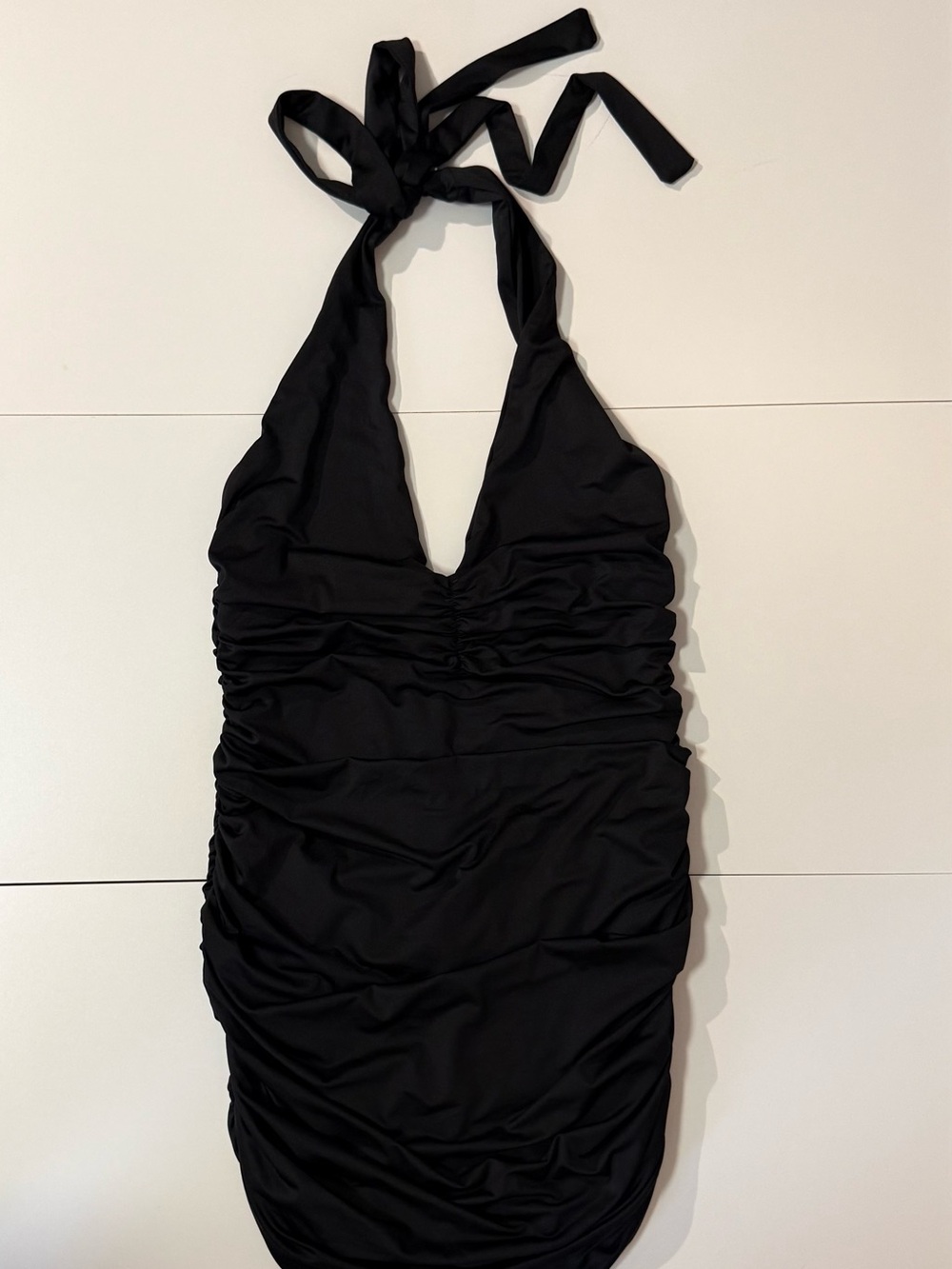 BEAGIMEG Women’s L Black Halter Ruched Mini Bodycon Party Dress